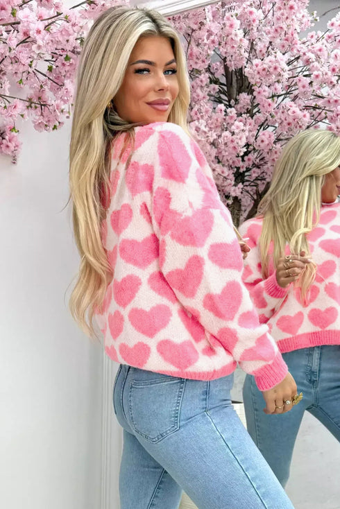 Soft Brushed Knit Heart Print Pullover Sweater