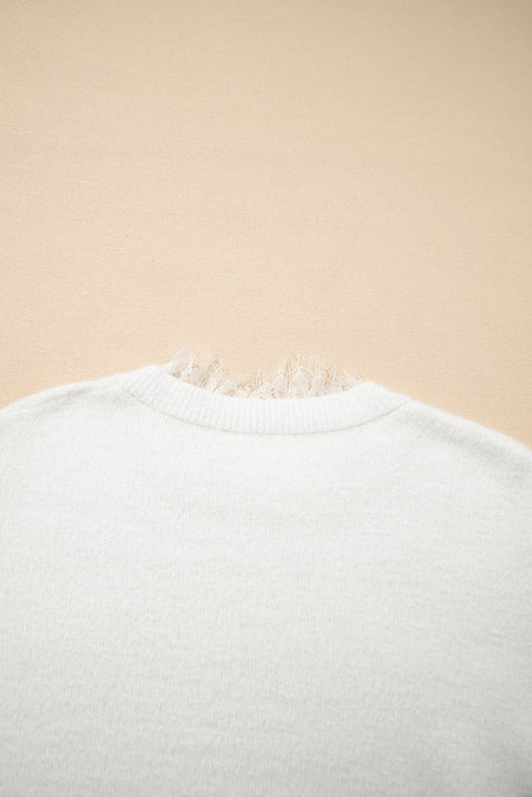 Soft Brushed Knit Sheer Lace Sleeve Pullover Sweater