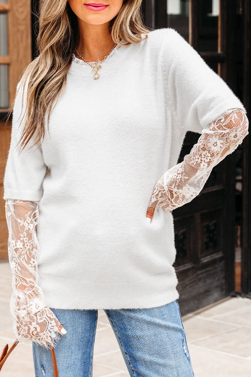 Soft Brushed Knit Sheer Lace Sleeve Pullover Sweater
