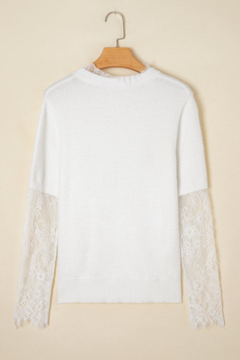 Soft Brushed Knit Sheer Lace Sleeve Pullover Sweater