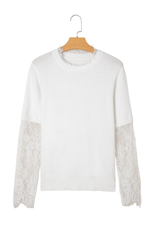 Soft Brushed Knit Sheer Lace Sleeve Pullover Sweater