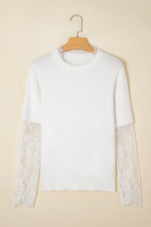 Soft Brushed Knit Sheer Lace Sleeve Pullover Sweater