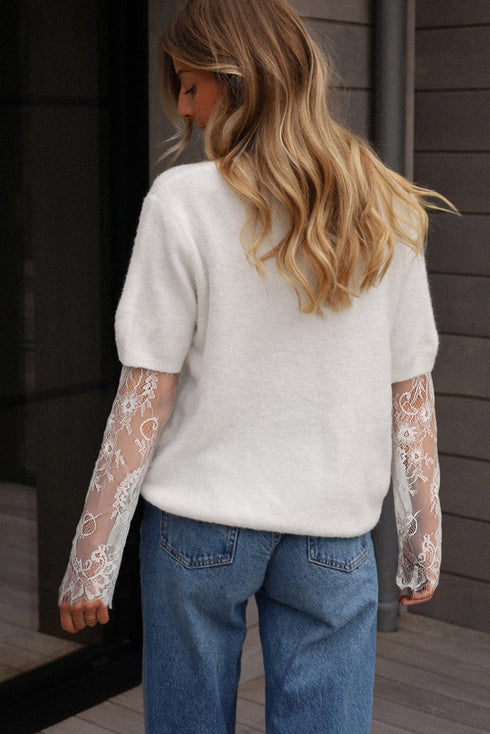 Soft Brushed Knit Sheer Lace Sleeve Pullover Sweater