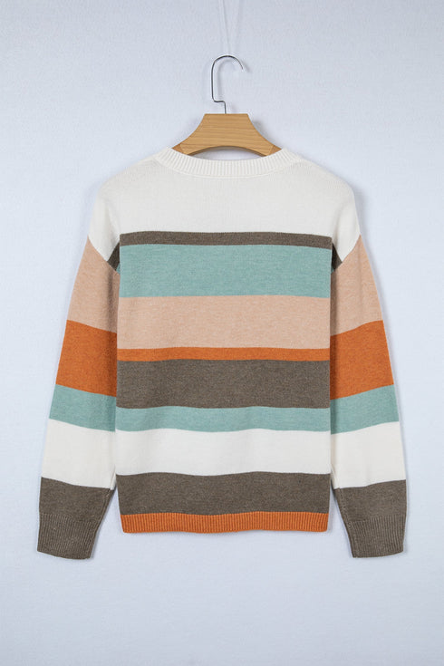 Soft Brushed Knit Striped Crew Neck Sweater