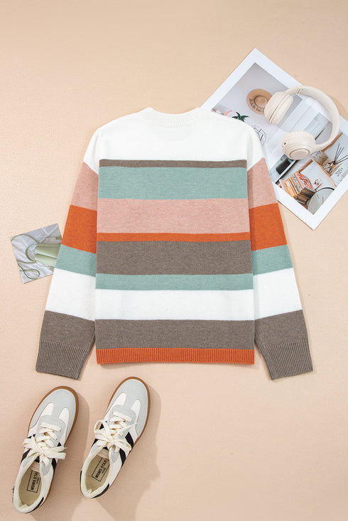 Soft Brushed Knit Striped Crew Neck Sweater