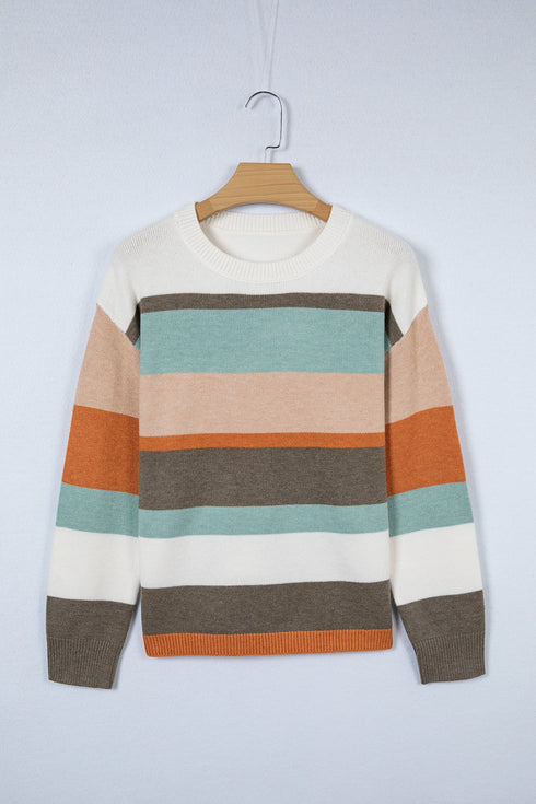 Soft Brushed Knit Striped Crew Neck Sweater