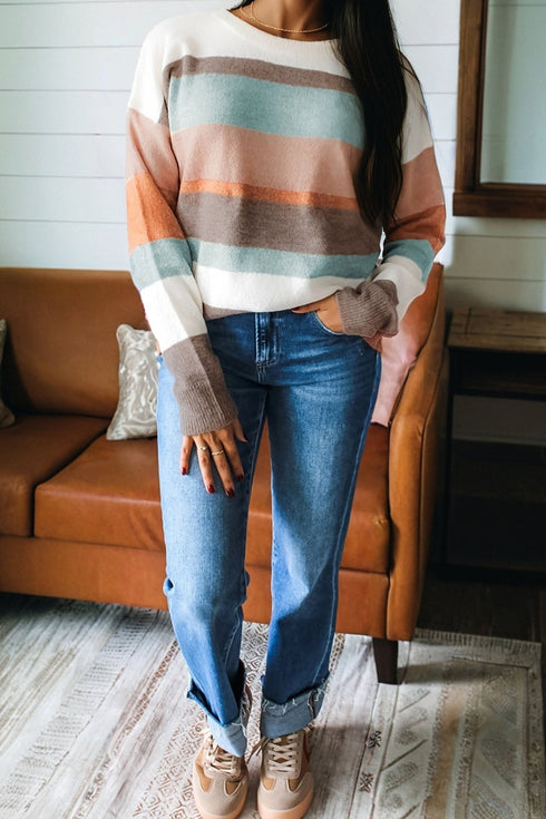 Soft Brushed Knit Striped Crew Neck Sweater