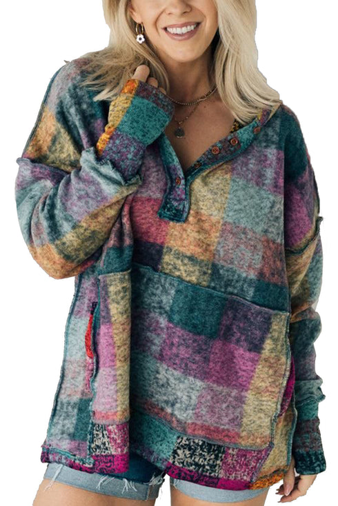 Soft Brushed Plaid Button Front Henley Hoodie
