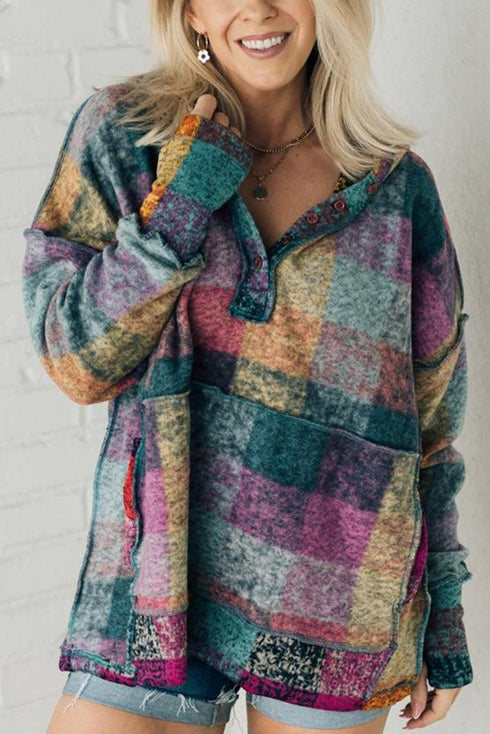 Soft Brushed Plaid Button Front Henley Hoodie