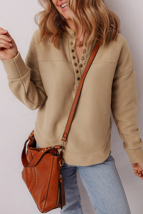 Soft Brushed Split Neck Grommet Detail Relaxed Pullover