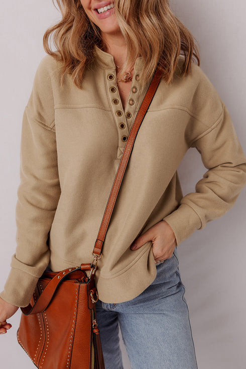 Soft Brushed Split Neck Grommet Detail Relaxed Pullover