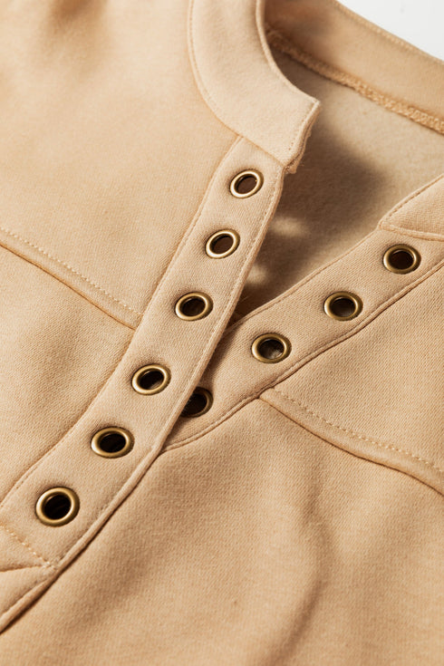 Soft Brushed Split Neck Grommet Detail Relaxed Pullover