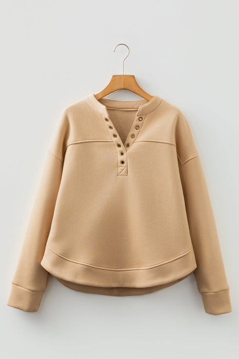 Soft Brushed Split Neck Grommet Detail Relaxed Pullover