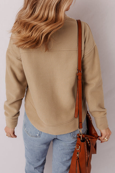 Soft Brushed Split Neck Grommet Detail Relaxed Pullover