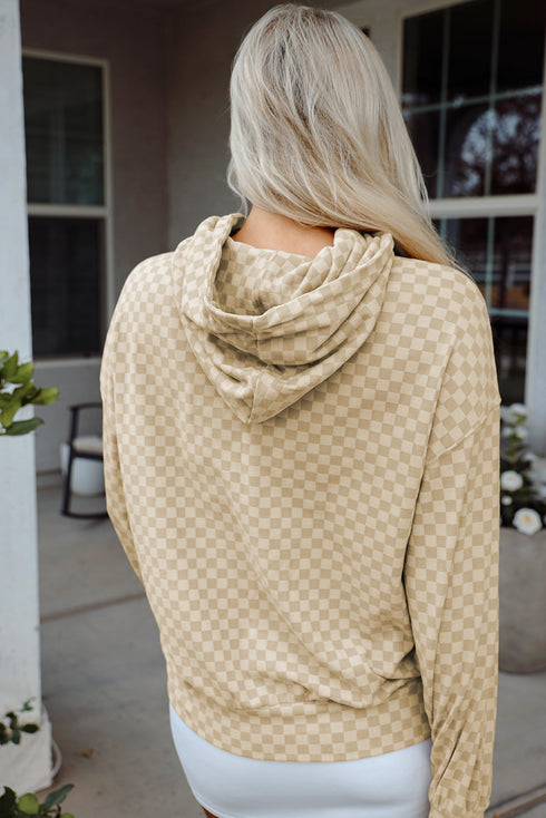 Soft Checkerboard Print Kangaroo Pocket Pullover Hoodie