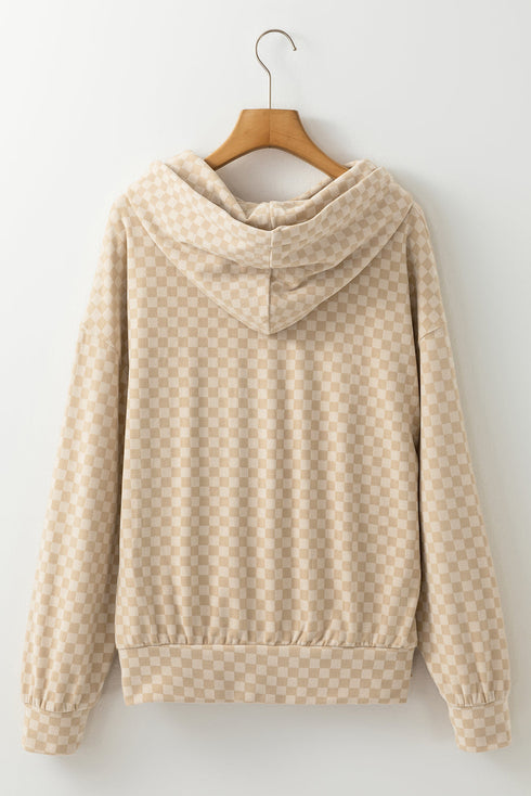 Soft Checkerboard Print Kangaroo Pocket Pullover Hoodie