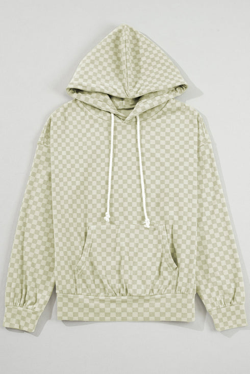 Soft Checkerboard Print Kangaroo Pocket Pullover Hoodie