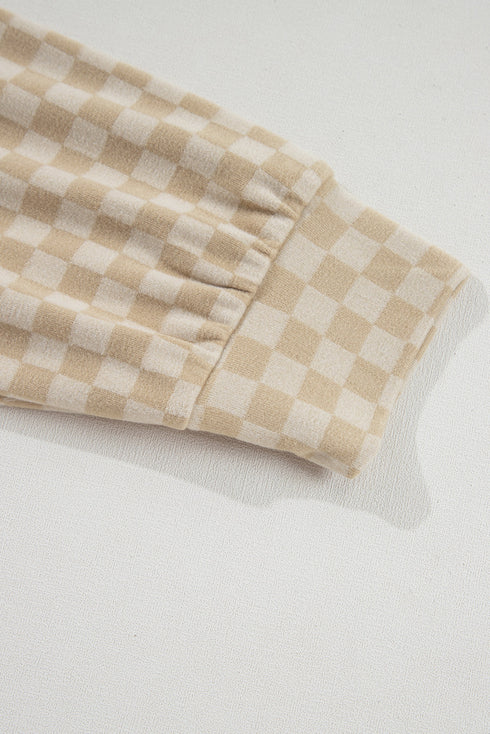 Soft Checkerboard Print Kangaroo Pocket Pullover Hoodie