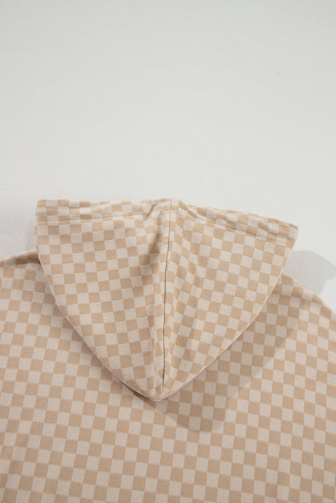 Soft Checkerboard Print Kangaroo Pocket Pullover Hoodie