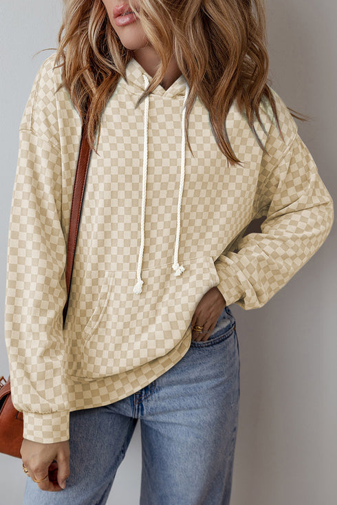 Soft Checkerboard Print Kangaroo Pocket Pullover Hoodie