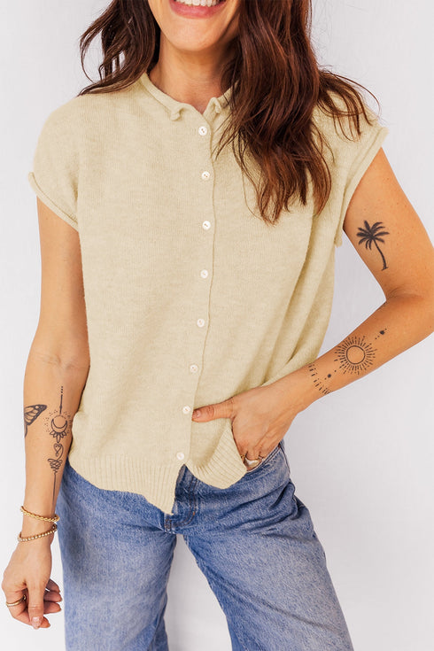 Soft Collared Short Sleeve Button Front Knit Top