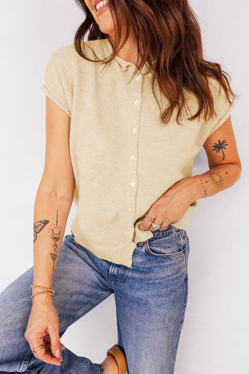 Soft Collared Short Sleeve Button Front Knit Top