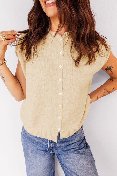 Soft Collared Short Sleeve Button Front Knit Top