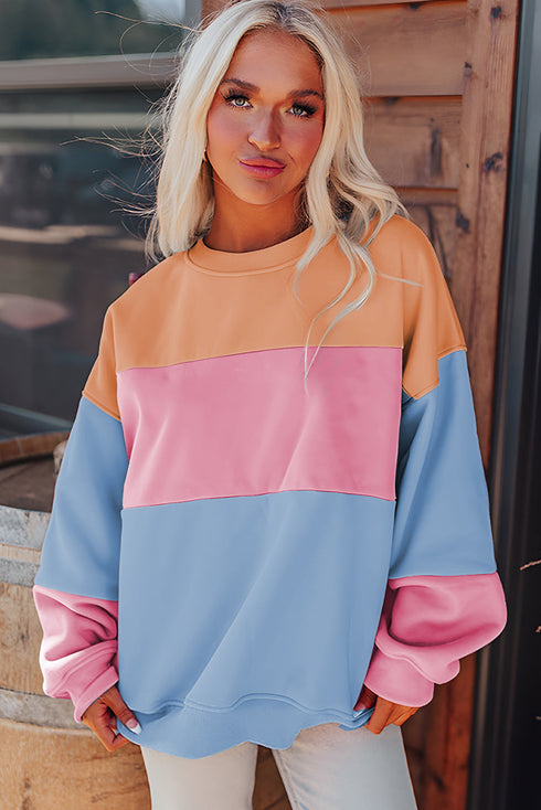 Soft Color Block Drop Shoulder Crew Neck Sweatshirt