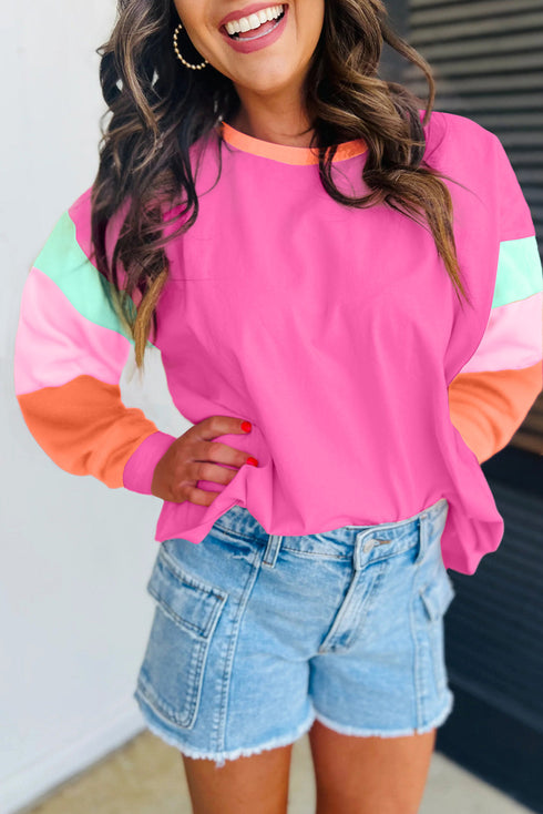 Soft Contrast Sleeve Crew Neck Pullover Top
