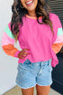 Soft Contrast Sleeve Crew Neck Pullover Top