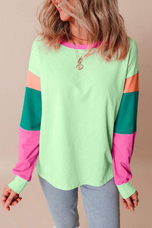 Soft Contrast Sleeve Crew Neck Pullover Top