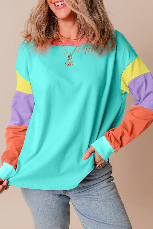 Soft Contrast Sleeve Crew Neck Pullover Top