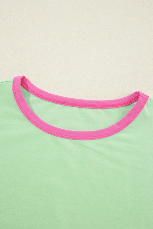 Soft Contrast Sleeve Crew Neck Pullover Top