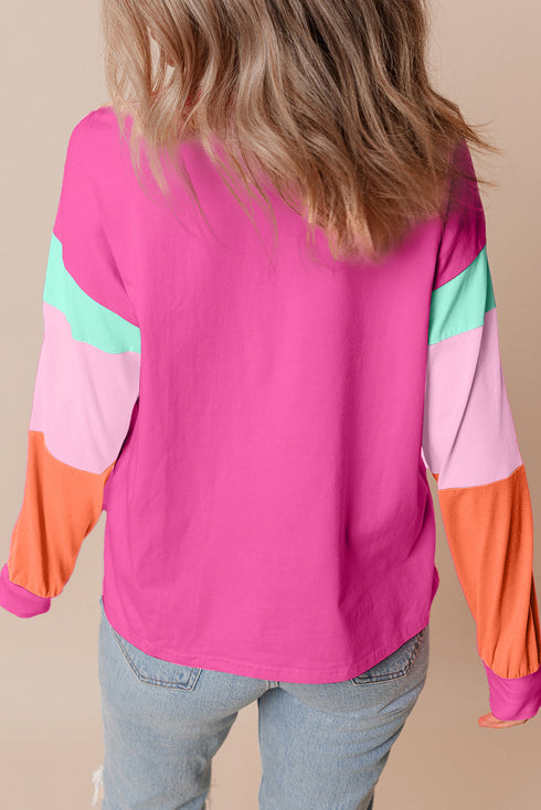 Soft Contrast Sleeve Crew Neck Pullover Top