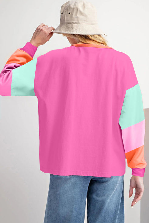 Soft Contrast Sleeve Crew Neck Pullover Top