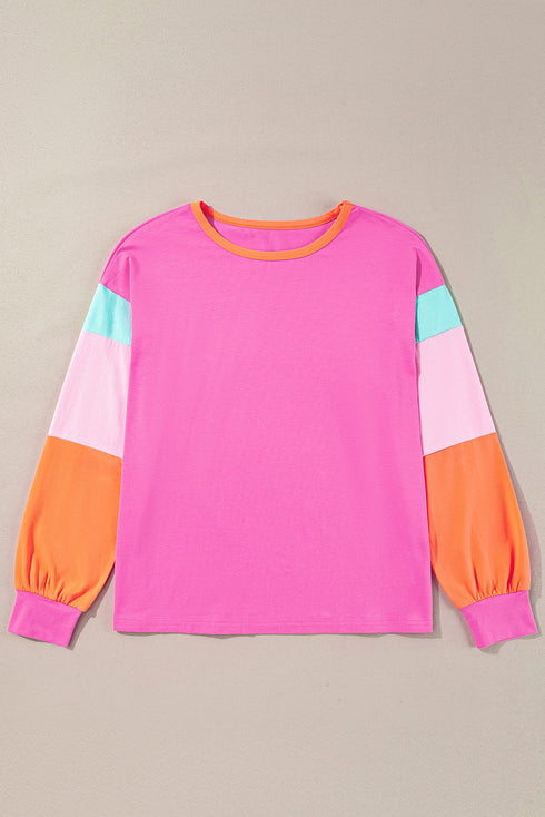 Soft Contrast Sleeve Crew Neck Pullover Top