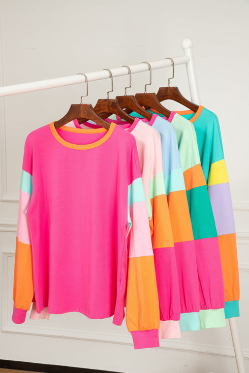 Soft Contrast Sleeve Crew Neck Pullover Top