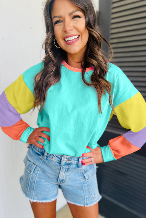 Soft Contrast Sleeve Crew Neck Pullover Top