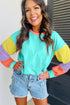 Soft Contrast Sleeve Crew Neck Pullover Top
