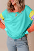 Soft Contrast Sleeve Crew Neck Pullover Top