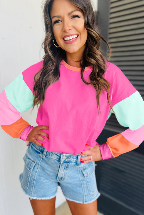 Soft Contrast Sleeve Crew Neck Pullover Top