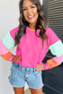 Soft Contrast Sleeve Crew Neck Pullover Top