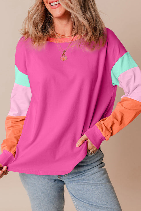Soft Contrast Sleeve Crew Neck Pullover Top
