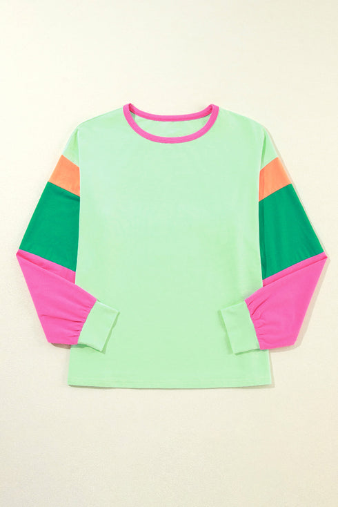 Soft Contrast Sleeve Crew Neck Pullover Top