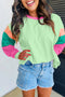 Soft Contrast Sleeve Crew Neck Pullover Top