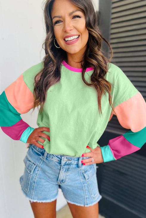 Soft Contrast Sleeve Crew Neck Pullover Top