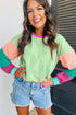 Soft Contrast Sleeve Crew Neck Pullover Top