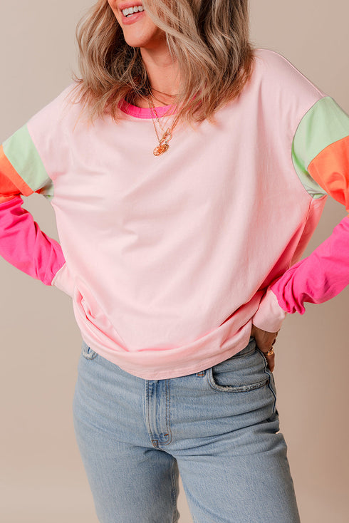 Soft Contrast Sleeve Crew Neck Pullover Top
