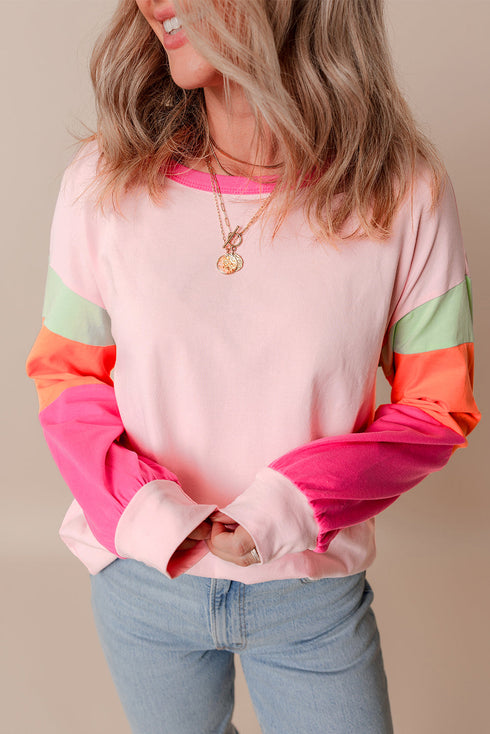 Soft Contrast Sleeve Crew Neck Pullover Top