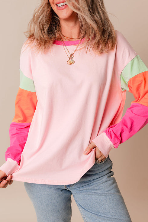 Soft Contrast Sleeve Crew Neck Pullover Top